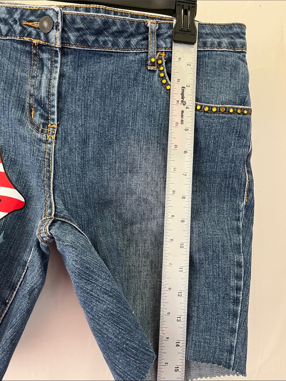Women's Blue Denim Jean Shorts with Graphic Tongue Print - Picture 2 of 8